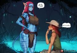 2girls ai_generated avatar avatar:_the_way_of_water blue_skin blush braid breasts colored_skin english_text hat height_difference jungle large_breasts long_hair looking_at_another multiple_girls na'vi navel original red_hair speech_bubble tail thought_bubble tillian yellow_eyes
