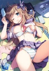 1girl absurdres ass_visible_through_thighs blue_eyes blue_skirt blurry blush bokeh bow bow_panties bra breasts brown_hair cameltoe cellphone clothes_lift depth_of_field electric_fan food hair_bow hair_ornament hand_fan highres holding holding_food hot leg_up lifting_own_clothes long_hair lying medium_breasts melonbooks miniskirt miyase_mahiro navel neckerchief nipples on_back on_floor one_breast_out one_eye_closed open_mouth panties phone pleated_skirt popsicle rabbit_hair_ornament red_neckerchief sailor_collar sailor_shirt school_uniform serafuku shadow shirt shirt_lift skirt smartphone solo striped_bra striped_clothes striped_panties thighs underwear very_long_hair