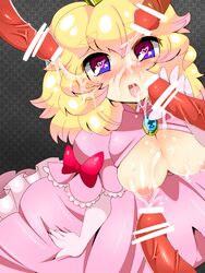 1girls 4boys bukkake censored cum female heart heart-shaped_pupils male mario_(series) multiple_boys nintendo penis princess_peach tagme yukimimi