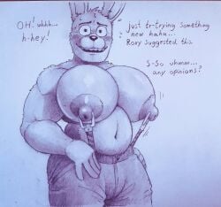 1boy animatronic anthro big_pecs blush blushing bonnie_(fnaf) dialogue english_text five_nights_at_freddy's fnaf gay looking_at_viewer muscular muscular_male nervous nipples partially_clothed pecs pov rabbit randoming1922 robot scottgames shirtless solo solo_focus text