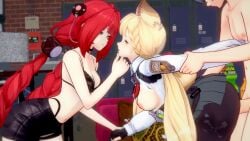 1boy 2girls 3d alice_thymefield blonde_hair breasts bunny_ears bunny_girl cute doggy_style dominant koikatsu red_hair rough_sex sex sexy sexy_body sexy_pose smile smiling threesome ukinami_yuzuha wise_(zenless_zone_zero) zenless_zone_zero