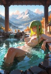 1girls ai_generated areolae big_breasts breasts c.c. code_geass completely_nude completely_nude_female green_hair long_hair nipples onsen tagme