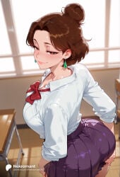 1girl 1girls absurd_res absurdres ai_generated ass ass_grab big_ass big_breasts blush bow bowtie breasts brown_eyes brown_hair chair classroom closed_mouth collarbone collared_shirt dandadan desk earrings female female_focus from_behind grabbing_own_ass hair_bun hand_on_own_ass heart heart-shaped_pupils hi_res high_quality high_resolution highres indoors jewelry large_ass large_breasts long_sleeves looking_at_viewer looking_back mature_female miko_(dandadan) nekromant pleated_skirt red_bow red_bowtie school_chair school_desk school_uniform shirt shirt_tucked_in short_hair single_hair_bun skirt smile solo solo_focus straight symbol-shaped_pupils thick_thighs white_shirt wide_hips window