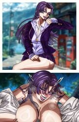 1girl armband ass belt breasts commentary crossed_arms east_asian elbow_gloves energy_sword female female_only gloves hair_between_eyes highres inkerton-kun large_breasts leotard lipstick long_hair looking_at_viewer looking_back makeup marvel marvel_vs._capcom ninja psylocke purple_eyes purple_hair purple_lips sword thigh_strap thighs weapon x-men yaki_chun