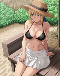 1girls ai_generated artoria_pendragon artoria_pendragon_(fate) big_boobs big_breasts bikini bikini_top blonde_female blonde_hair curvy curvy_body curvy_female curvy_figure fate/grand_order fate_(series) female female_only hat huge_breasts kyoru189 large_breasts light-skinned_female light_skin mature_female saber shiny shiny_skin sitting skirt solo solo_female
