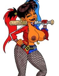 1girls 2018 big_breasts body_bags breasts brown_nipples cosplay dboy female female_only fishnets harley_quinn_(cosplay) huge_breasts latina nipples panda_delgado solo twintails