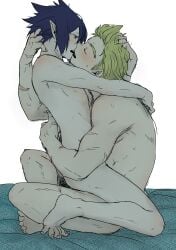 2boys absurdres amajiki_tamaki anal arched_back arm_around_another's_waist bed blonde_hair blush boku_no_hero_academia commentary_request completely_nude from_side hand_in_another's_hair hand_on_another's_back highres long_pointy_ears looking_at_another looking_down male_focus male_penetrated multiple_boys multiple_scars nipples nude open_mouth parted_bangs pectorals pointy_ears profile scar scar_on_arm sex short_hair sitting spiked_hair tama4664amat togata_mirio white_background yaoi