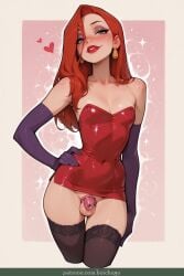 1boy ai_art ai_assisted ai_generated bare_shoulders blush boichego chastity_cage chastity_device crossdressing dress earrings elbow_gloves femboy genderswap genderswap_(ftm) gloves green_eyes heart jessica_rabbit jessie_(pokemon) jewelry lipstick long_hair makeup male_focus otoko_no_ko penis red_hair red_lipstick smile solo sparkle testicles thighhighs