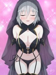 1girl arms_behind_back black_bustier black_lingerie black_panties black_thighhighs black_veil blush bridal_lingerie bridal_outfit bustier cleavage closed_eyes date_a_live elbow_gloves garter_straps gloves honjou_nia large_breasts lingerie navel otozato_yomi short_hair solo stomach thigh_focus thighhighs thighs underwear veil wedding_lingerie white_hair