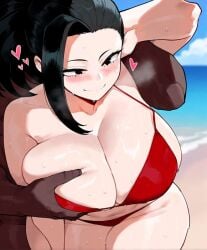 1boy 1girls ai_generated beach big_breasts bikini black_eyes black_hair blush blush_lines boku_no_hero_academia breasts dark-skinned_male dark_skin erodreams female hair light-skinned_female light_skin long_hair male momo_yaoyorozu my_hero_academia red_bikini teenage_female teenage_girl teenager thick_thighs thighs
