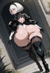 1girl 2b_(nier:automata) ai_generated alternate_breast_size ass ass_focus back_cutout black_footwear black_gloves black_hairband black_legwear black_thighhighs blue_eyes blush boots breasts clothing clothing_cutout curvy feather-trimmed_sleeves female footwear from_behind full_body gloves grey_eyes hairband headwear high_heel_boots high_heels highleg highleg_leotard huge_ass huge_breasts juliet_sleeves large_breasts leather_boots legwear leotard long_sleeves looking_at_viewer looking_back mole mole_under_mouth nier nier:_automata nier_(series) no_blindfold open_mouth puffy_sleeves sallylove shiny_skin shoes short_hair skindentation solo sweat thick_thighs thigh_boots thighhighs thighhighs_under_boots thighs thong_leotard white_hair white_leotard wide_hips yorha_no.2_type_b