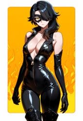1girls ai_generated black_hair bodysuit cinder_fall cleavage leather_clothing long_hair rwby tagme