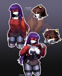 1boy 1boy1girl 1girls blush blushing boobs breasts button_eyes doll_(murder_drones) lifting_shirt male/female murder_drones oc purple_hair red_eyes showing_boobs showing_breasts skirt