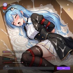 1girls ahoge ai_generated amber_eyes aruzeya black_dress blue_hair blush box choker cum cum_in_container cum_in_mouth cum_inside cum_on_ass cum_on_body cum_on_clothes cum_on_face cum_on_hair cumdrip hair_ornament hispanic_virtual_youtuber indie_virtual_youtuber latam_virtual_youtuber long_hair looking_pleasured orgasm_face solo_female stream_chat stream_ui streaming thighhighs tied_hands tied_legs trembling virtual_youtuber
