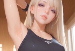 1boy 1femboy absurd_res ai_generated arm_behind_head arm_up armpits artist_name artist_upload blonde_hair blurry blurry_background bracelet breasts close-up collarbone covered_nipples crossdressing earrings eyelashes eyeliner eyeshadow femboy femboy_focus feminine_male gay hi_res indoors jewelry lips long_hair looking_at_viewer makeup mascara more_at_source pandora parted_lips patreon patreon_username pink_lips presenting_armpit self_upload solo sweat sweatband tank_top transgender uncensored upper_body watermark wristband yellow_eyes