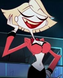 belly_button big_breasts blazer blonde_female blonde_hair breasts cropped_shirt demon demon_girl earrings edit edited edited_image edited_screencap exposed_stomach eyes_closed female female_only hazbin_hotel hellaverse katie_killjoy large_breasts lipstick navel news_reporter no_source pale-skinned_female pale_skin red_dress red_eyes smile smiling_at_viewer stomach top_heavy