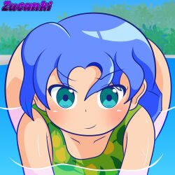 1girls aquamarine_eyes ass ass_visible_from_the_front background big_ass blue_hair butt commissioner_upload ecchi grass huge_ass long_hair madou_monogatari one-piece_swimsuit please_look_forward_to_it pool puyo_perverts_(zucanki) puyo_puyo rulue sega solo sonic_team swimsuit thick_thighs water wet zucanki