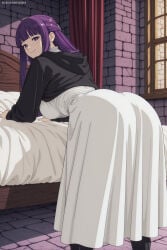 1boy 1girl absurdres adult ai_assisted ai_generated all_fours ass bangs bed bent_over big_breasts blunt_bangs breasts brick_wall closed_mouth dress female fern_(sousou_no_frieren) frieren_beyond_journey's_end from_behind heeven highres indoors large_breasts long_dress long_hair long_sleeves looking_at_viewer looking_back male mature patreon patreon_username perfect_body purple_eyes purple_hair smile solo uncensored white_dress window