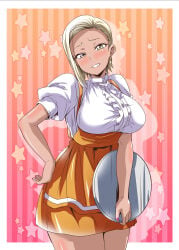 1girls absurdres blonde_hair breasts center_frills commentary_request dark-skinned_female dark_skin frilled_shirt frills gyaru highres holding holding_tray kogal large_breasts medium_hair nail_polish orange_skirt original red_nails restaurant shirt short_sleeves skirt suspender_skirt suspenders tray washizuka_shou white_shirt yellow_eyes