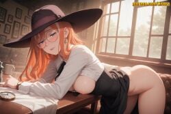 1girl ai_generated ass bent_over black_dress black_headwear blue_eyes blush bottomless bracelet breasts breasts_out breasts_outside clothes_lift cup dress earrings glasses hat high-waist_skirt indoors jewelry large_breasts leaning_forward long_hair long_sleeves looking_at_viewer multicolored_hair nipples no_panties open_clothes open_shirt orange_hair parted_lips round_eyewear shirt skirt smile solo spy_x_family streaked_hair sylvia_sherwood table thighs watch white_hair white_shirt window wristwatch
