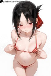 1girls ai_generated areola areolae bikini black_hair blush blushing breasts closed_mouth female female_focus female_only from_above kaguya-sama_wa_kokurasetai_~tensai-tachi_no_renai_zunousen~ krowenx micro_bikini nipple_slip red_eyes shinomiya_kaguya sidelocks solo solo_female solo_focus standing thighs wavy_mouth