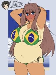 aozaki_aoko big_boobs big_breasts big_tits bikini blush blushing brazil chubby chubby_female fat_female female long_hair mahou_tsukai_no_yoru male massgrave pose shizuki_soujuurou swimsuit tanned tanned_body tanned_female tanned_skin text