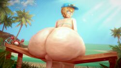 1boy 3d 3d_model 3d_render alternate_version_available ass ass_focus backview bench blonde_hair blue_eyes broken_bench cock dick_out femboy femboy_focus huge_ass hyper_ass image_set koikatsu massive_ass original original_character otokonoko penis sitting solas_(artist)