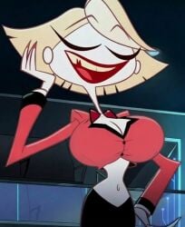 belly_button big_breasts blazer blonde_female blonde_hair breasts cropped_shirt demon demon_girl earrings edit edited edited_image edited_screencap exposed_stomach eyes_closed female female_only hazbin_hotel hellaverse huge_breasts katie_killjoy large_breasts lipstick navel news_reporter no_source pale-skinned_female pale_skin red_dress red_eyes smile smiling_at_viewer stomach top_heavy