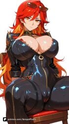 1girl ai_generated artist_name bangs bodysuit breasts cameltoe chair cleavage closed_mouth covered_nipples earrings eyewear_on_head genderswap genderswap_(mtf) genshin_impact hair_between_eyes hoyoverse jewelry large_breasts long_hair looking_at_viewer mavuika_(genshin_impact) mihoyo multicolored_hair orange_eyes patreon questionable red_hair senpai_pixels simple_background sitting solo spread_legs sunglasses sweat wet white_background zipper