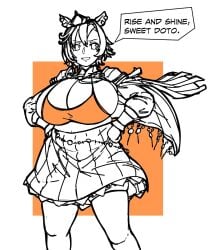 1girl big_boobs big_breasts big_tits bra female female_only massgrave monochrome orange_bra pose short_hair sketch sports_bra t.m._opera_o_(umamusume) text umamusume umamusume_pretty_derby