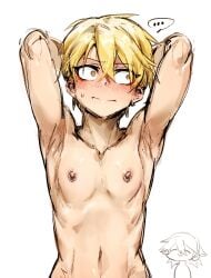 arms_behind_head blonde_hair_male blushing doppel eye_shadow eyeliner fit_male high_school_boy hong_il-tak image_set multiple_images nipple_piercing nipples white_background