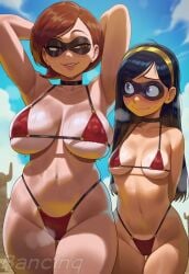2girls ai_generated bancinq beach big_breasts bikini black_hair breasts brown_eyes brown_hair busty busty_female curvaceous curvy curvy_body curvy_female curvy_figure curvy_hips female female_focus female_only helen_parr hourglass_figure light-skinned_female light_skin long_hair mature mature_female medium_breasts milf mother mother_and_child mother_and_daughter nipple_bulge only_female purple_eyes short_hair superheroine the_incredibles violet_parr