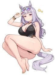 1girl absurdres animal_ears arm_support barefoot black_one-piece_swimsuit blush bracelet breasts casual_one-piece_swimsuit cleavage closed_mouth commentary eyewear_on_head feet fingernails full_body gold_bracelet gold_ship_(umamusume) hair_intakes highres horse_ears horse_girl horse_tail jewelry large_breasts legs long_hair looking_at_viewer moursho nail_polish official_alternate_costume one-piece_swimsuit purple-tinted_eyewear purple_eyes simple_background smile solo star_(symbol) sunglasses swimsuit tail thighs tinted_eyewear toenail_polish toenails toes umamusume v white_background yellow-framed_eyewear yellow_nails
