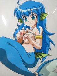 blue_hair dick mermaid nervous_face nipples penis_in_breasts puyo_puyo serilly_(puyo_puyo) titjob