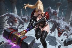 1girl ai_generated armor axe black_gloves blonde_hair blue_eyes boots breasts cleavage dead_or_alive elbow_gloves gloves holding holding_weapon large_breasts leotard long_hair monster night ninja_gaiden outdoors ponytail rachel_(ninja_gaiden) running shoulder_armor sky thigh_boots thighhighs villain_party69 weapon