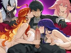 1boy 5girls ai_generated arlecchino_(genshin_impact) crossover cuckold cuckold_pov genshin_impact harem large_breasts looking_at_viewer male_rover_(wuthering_waves) mavuika_(genshin_impact) netorare nude nude_female penis pov raiden_shogun romenisback rover_(wuthering_waves) tacet_mark_(wuthering_waves) wide_hips wuthering_waves yae_miko