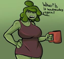 angry angry_expression anthro big_breasts black_hair captain_dagon clothed coffee_cup dagon789 dress female_only freckles green_body green_hair hi_res looking_at_viewer original_character solo_female text thick_thighs voluptuous wide_hips