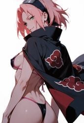 1girls 2d ai_generated akatsuki_(naruto) ass ass_focus back_view female female_only green_eyes looking_back looking_back_at_viewer naruto naruto_(series) pink_hair sakura_haruno short_hair sideboob solo solo_female tagme white_background