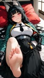1girl 1girls ai_assisted ai_generated animal_ears animal_humanoid bangs barefeet barefoot belt black_hair breasts clothed clothed_female coat dark_hair eyebrows eyelashes feet feet_fetish feet_focus female female_focus foot_fetish foot_focus fox fox_ears fox_girl gloves high_waisted_skirt hoshimi_miyabi hoyoverse hyozanrioai indoors light_skin long_hair looking_at_viewer lying lying_on_back lying_on_bed mihoyo necktie no_shoes patreon raised_leg raising_leg red_eyes skirt smile smirk smirking smirking_at_viewer smug smug_expression soles soles_female soles_fetish soles_focus solo solo_female thiren toes video_game_character video_games zenless_zone_zero