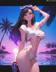 1girl abs ai_generated arm_up bangs beach bikini black_hair bracelet breasts brown_eyes can cowboy_shot crop_top earrings eyewear_on_head final_fantasy fresk0n_real grand_theft_auto grand_theft_auto_vi grin holding hoop_earrings jewelry large_breasts long_hair looking_at_viewer navel outdoors palm_tree parted_lips shirt side-tie_bikini_bottom sky smile solo stomach sunglasses sunset thighs tifa_lockhart tree underboob vice_city_cover_girl water wet white_bikini