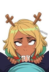 1boy 1girl antlers blonde_hair blush brown_eyes cum cum_in_mouth cum_overflow dark-skinned_female dark_skin deltarune fellatio freckles hetero horns looking_at_viewer looking_up noelle_holiday oral penis pov pov_crotch simple_background solo_focus uncensored upturned_eyes white_background