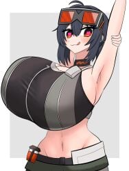 big_breasts breasts glasses glasses_on_head grace_howard looking_at_viewer red_eyes zenless_zone_zero