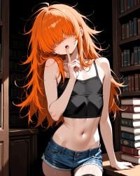 1boy :o ai_generated androgynous bangs_over_eyes crop_top denim_shorts faggot femboy finger_to_mouth flat_chest hair_over_eyes head_tilt indoors library long_hair looking_at_viewer mr.mawile navel open_mouth orange_hair original original_character skinny_male slim_male solo solo_male spiked_hair thighhighs trap yaoi