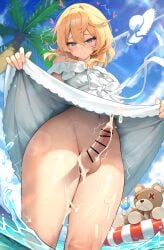1boy androgynous bare_shoulders beach blonde_hair blowing_up blue_eyes blurry_background bridget bridget_(guilty_gear) censor_bar censored closed_mouth cloud cloudy_sky coconut_tree crossdressing cum cum_drip cum_dripping cum_dripping_from_penis cum_on_penis cum_on_thighs cum_trail day daytime depth_of_field double-parted_bangs dress dress_bow dress_lift dress_lifted_by_self drink drinking_glass ejaculating_cum ejaculation erect_penis eyebrows_visible_through_hair femboy feminine_male girly guilty_gear hair_between_eyes hakusyokuto hat hat_bow hat_removed hearts knees lifebuoy looking_at_viewer male male_focus male_only medium_hair navel no_bikini_bottom ocean outdoors partially_submerged penis portrait roger_(guilty_gear) shadow shaking_lines sky sleeveless sleeveless_dress smile solo solo_male splashing standing steamy_breath straw_hat sundress swim_ring teddy_bear testicles thighs trans trans_woman transfem transgender transgender_woman tree very_high_resolution viewed_from_below water white_dress