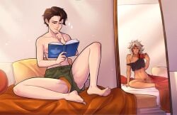 2girls academy34 brown_hair dark-skinned_female dark_skin ear_piercing eyes female_only freckles functionally_nude messy_hair mirror_selfie multicolored_hair multiple_females multiple_girls original original_character overwatch pale-skinned_female pale_skin panties panty_shot partially_clothed pubic_hair reading roommate roommates selfie short_hair smug smug_face taking_picture tired topless tracer waking_up youngnaughty