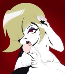 1boy 1girl bhloopy blonde_hair blowjob evangeline_d'isco fellatio handjob large_breasts nude oral penis red_eyes savlonic tongue veiny_penis