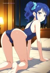 1girl ai_assisted ai_generated all_fours anime_coloring anime_screenshot barefoot blue_eyes blue_hair blue_scrunchie candle_light candles covered_erect_nipples dark_room hair_scrunchie half_closed_eyes highres hotel_room leotard long_hair looking_at_viewer looking_back_at_viewer night official_style on_all_fours on_bed parted_lips shy side_ponytail small_ass small_breasts soles solo viewed_from_behind wavy_hair window