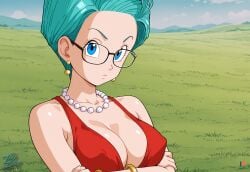 ai_assisted ai_generated big_breasts bulma bulma_(dragon_ball) bulma_briefs bulma_briefs_(gt_saga) erect_nipples_under_clothes glasses looking_at_viewer milf patreon pearl_necklace red_dress taozaru