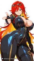 1girl ;) ai_generated artist_name bangs bikesuit black_gloves blonde_hair bodysuit breasts cleavage closed_mouth colored_inner_hair covered_nipples curvy earrings eyewear_on_head fingerless_gloves genshin_impact gloves hair_between_eyes hoyoverse jewelry large_breasts long_hair looking_at_viewer mavuika_(genshin_impact) mihoyo multicolored_hair one_eye_closed orange_eyes patreon pointing pointing_at_viewer red_hair senpai_pixels sensitive simple_background smile solo sunglasses thighs two-tone_hair very_long_hair wet white_background zipper zipper_pull_tab
