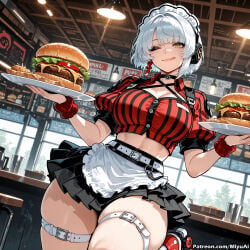 1girl ai_assisted ai_generated alternate_costume anby_demara apron black_skirt blush breasts choker cleavage crop_top curvaceous curvy curvy_female curvy_figure female food french_fries halo hamburger holding hot_dog indoors ketchup large_breasts looking_at_viewer maid maid_headdress midriff miniskirt miyuai navel one_eye_closed roller_skates shirt short_hair short_sleeves silver_hair skirt smile solo standing thick thick_ass thick_butt thick_hips thick_legs thick_thighs thigh_strap thighs tongue tongue_out tray voluptuous voluptuous_female waist_apron wide_hips wide_thighs yellow_eyes zenless_zone_zero